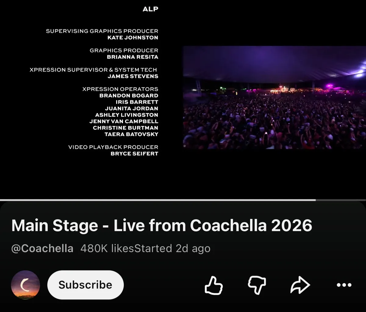 The Main Stage - Live from Coachella 2026 stream on YouTube, showing end credits that list Bryce Seifert as video playback producer.