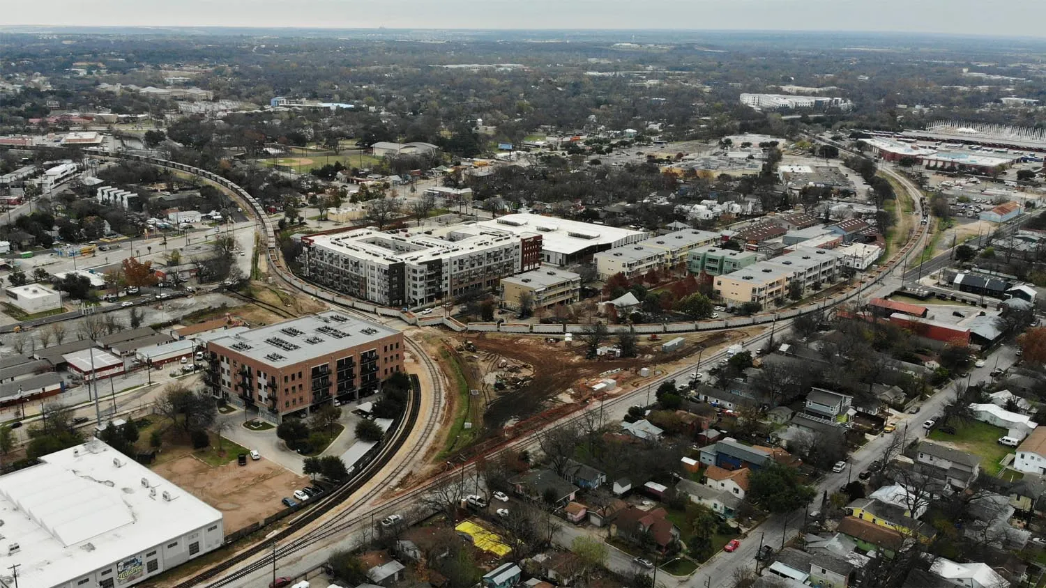 A drone image of a derailed train.