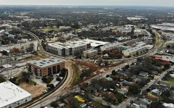 A drone image of a derailed train.